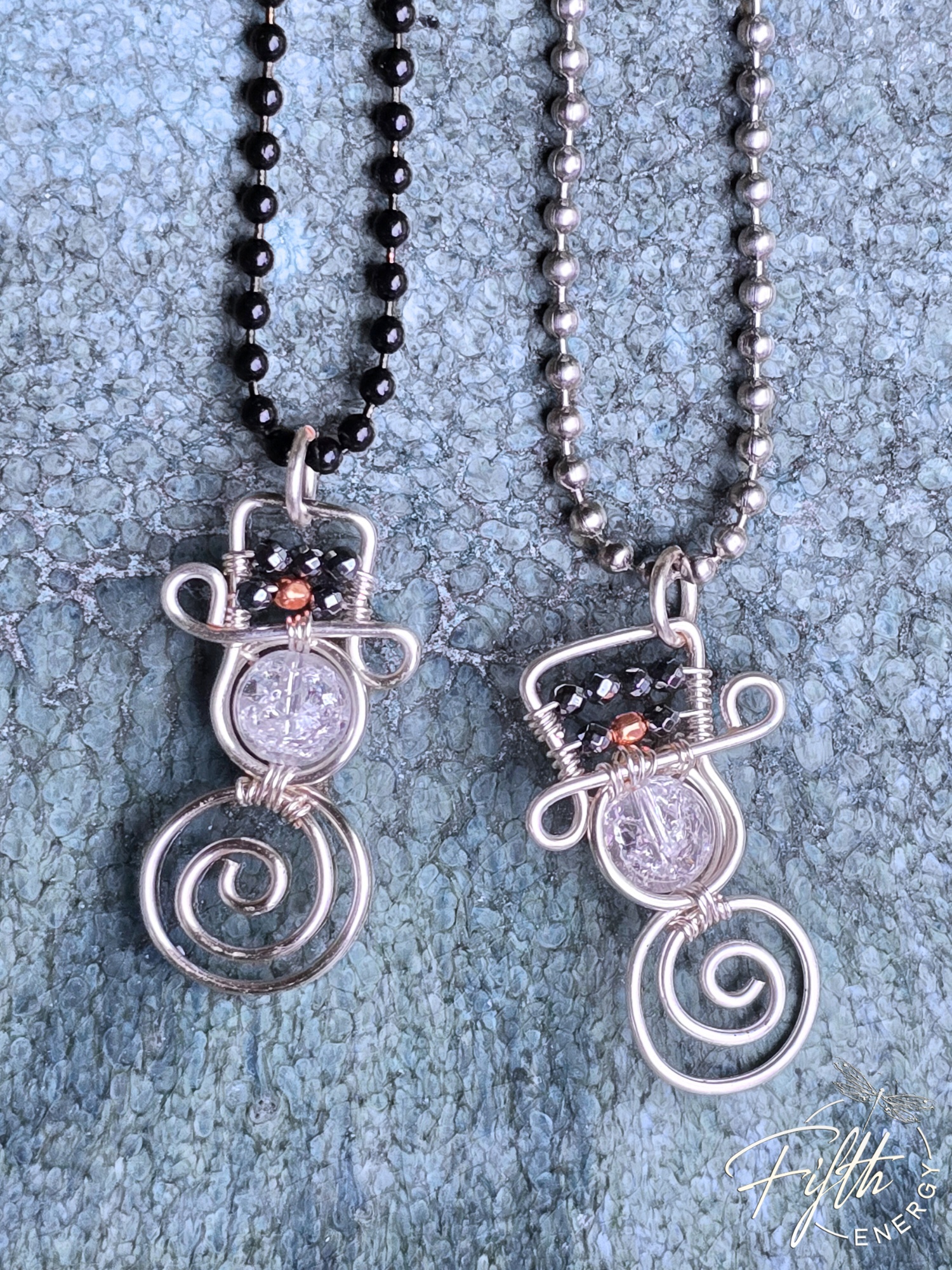 Crackled Quartz Snowman Necklace | Winter Jewelry Gift 4 Artisan snowman necklace crafted from AAA crackled quartz with silver wire wrapping and hematite hat details.