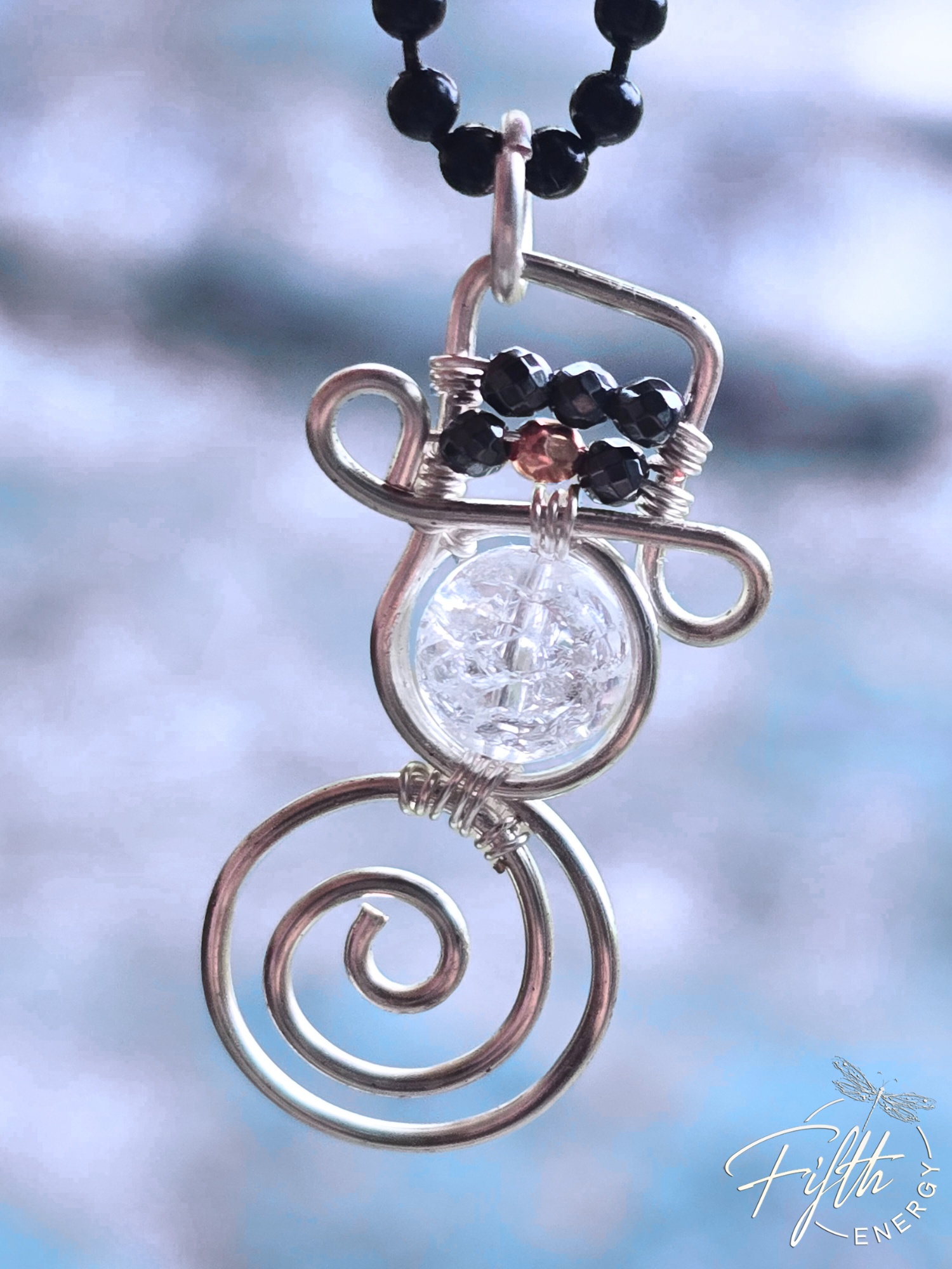 Crackled Quartz Snowman Necklace | Winter Jewelry Gift 13 Festive handmade snowman jewelry piece with sparkling crackled quartz gemstone body and hematite accents.