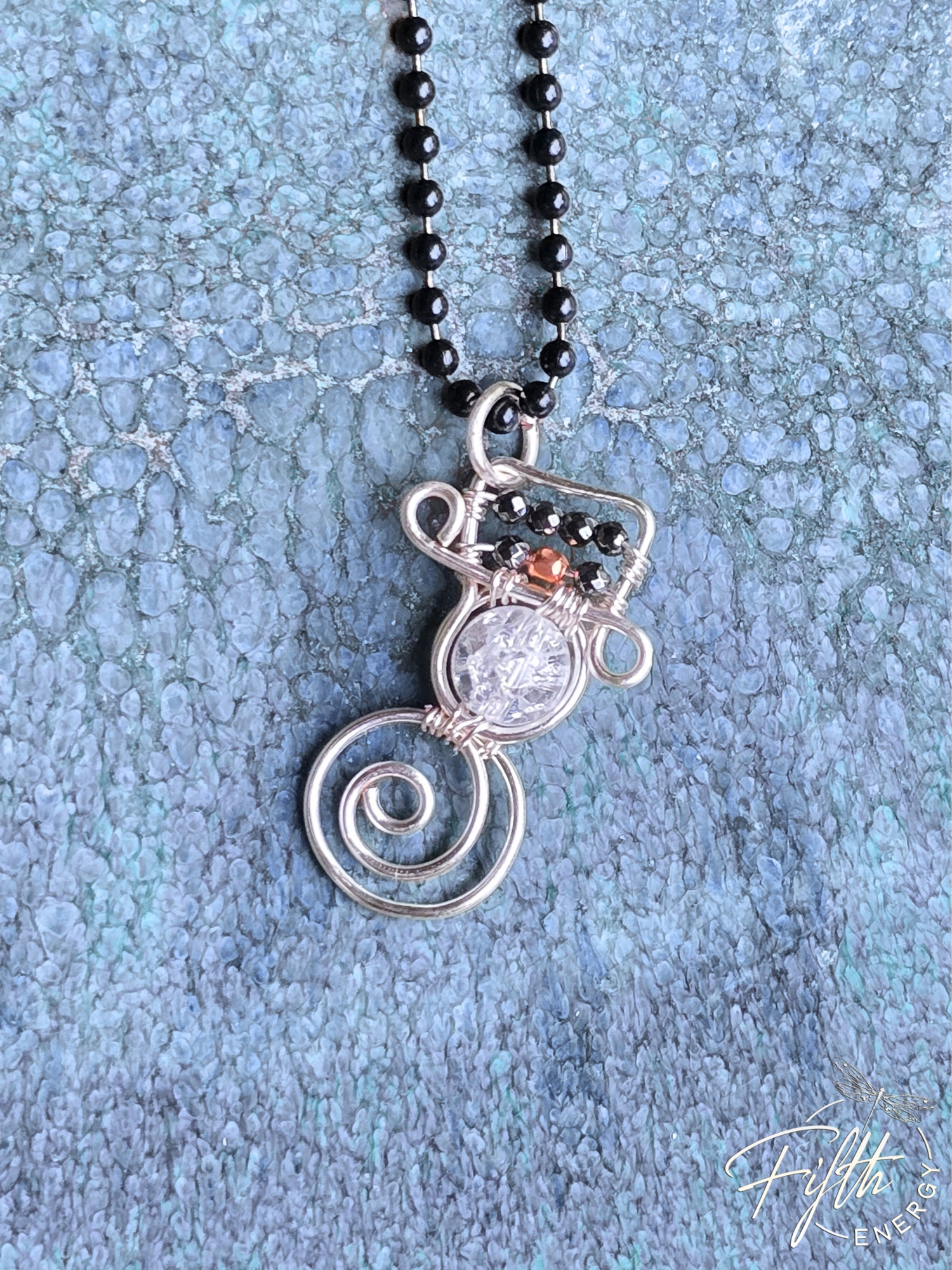 Crackled Quartz Snowman Necklace | Winter Jewelry Gift 5 Winter-themed crackled quartz snowman pendant on black and silver-toned American-made ball chains.