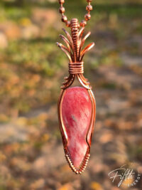 Pink Rhodochrosite pendant necklace in handcrafted copper, natural gemstone jewelry with earthy, organic style